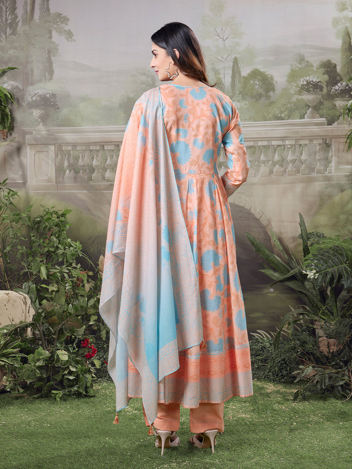 Soft Peach Floral Cotton Anarkali Set
