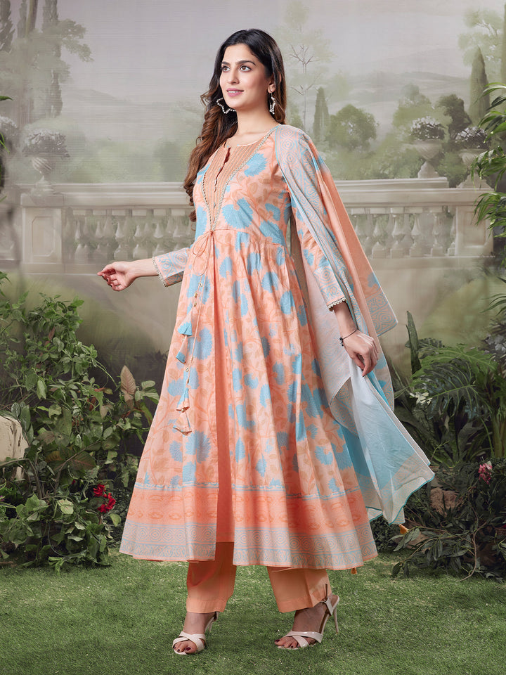 Soft Peach Floral Cotton Anarkali Set