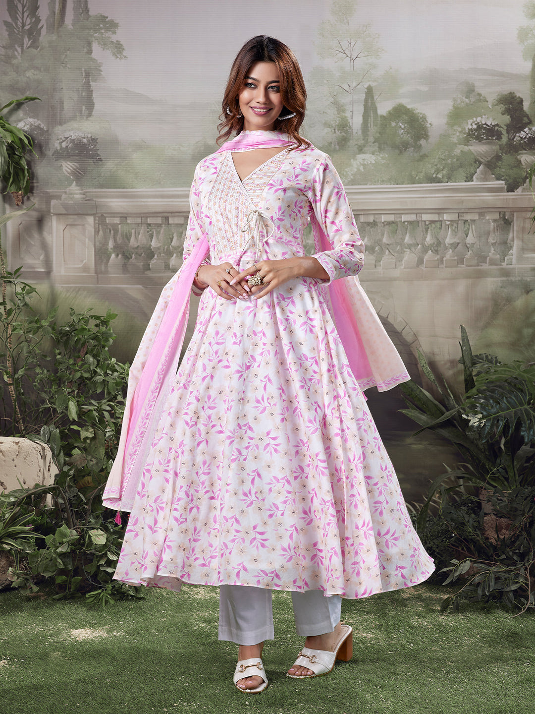 Ivory Floral Cotton Anarkali Set