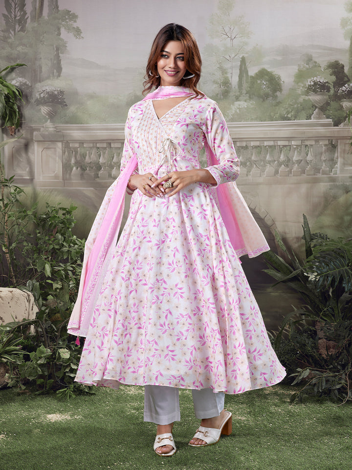 Ivory Floral Cotton Anarkali Set