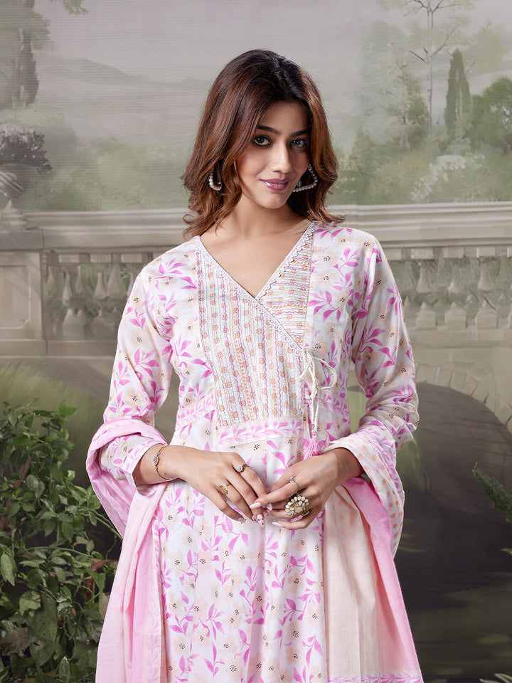 Ivory Floral Cotton Anarkali Set