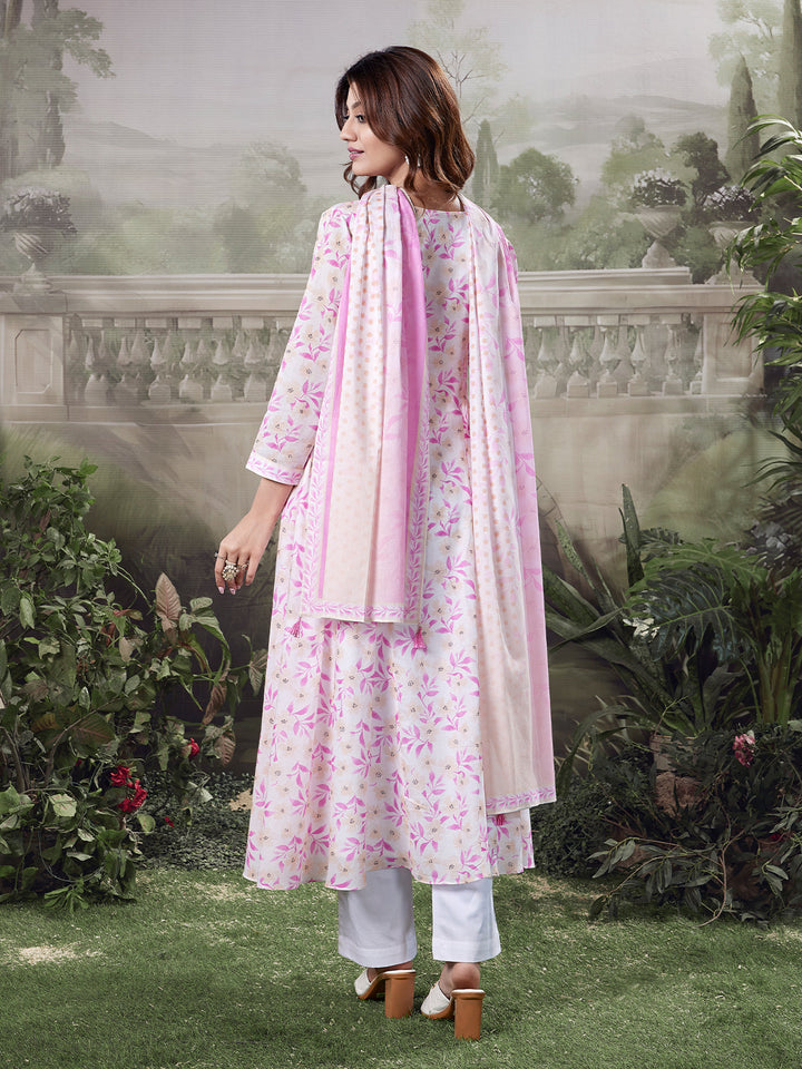 Ivory Floral Cotton Anarkali Set