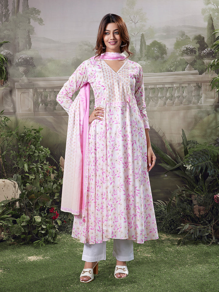 Ivory Floral Cotton Anarkali Set