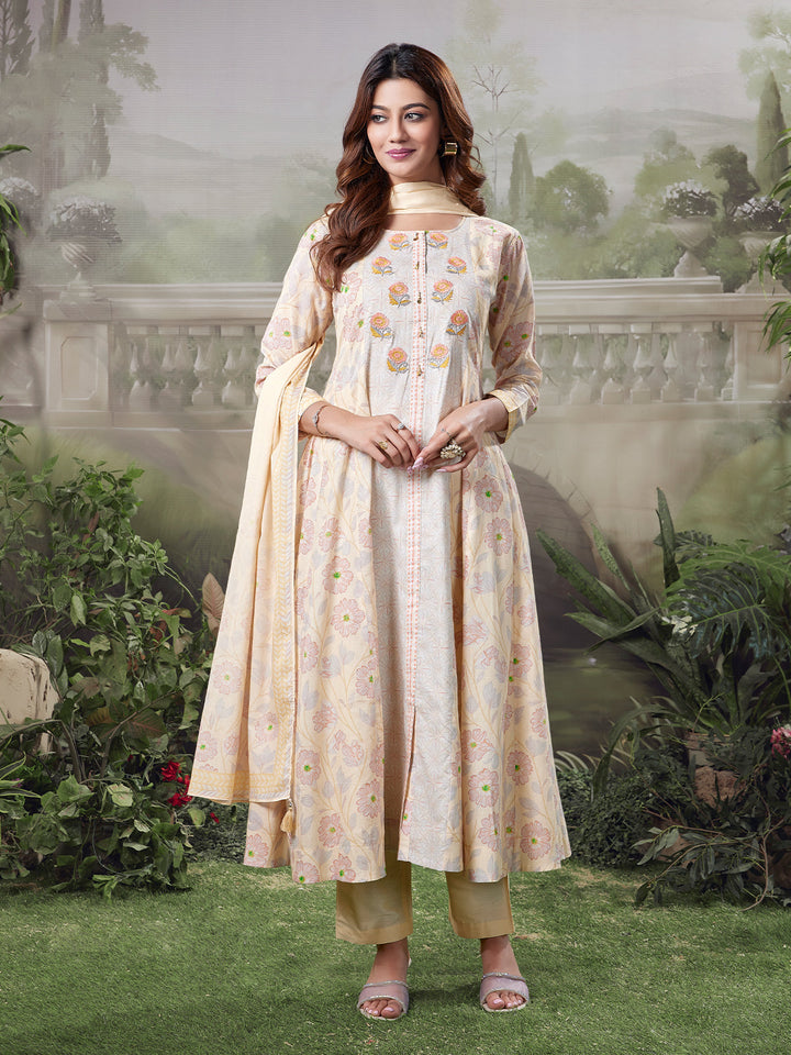Soft Beige Floral Cotton Anarkali Set
