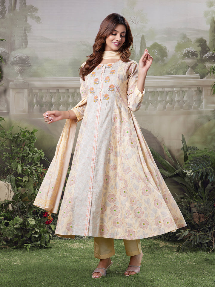 Soft Beige Floral Cotton Anarkali Set