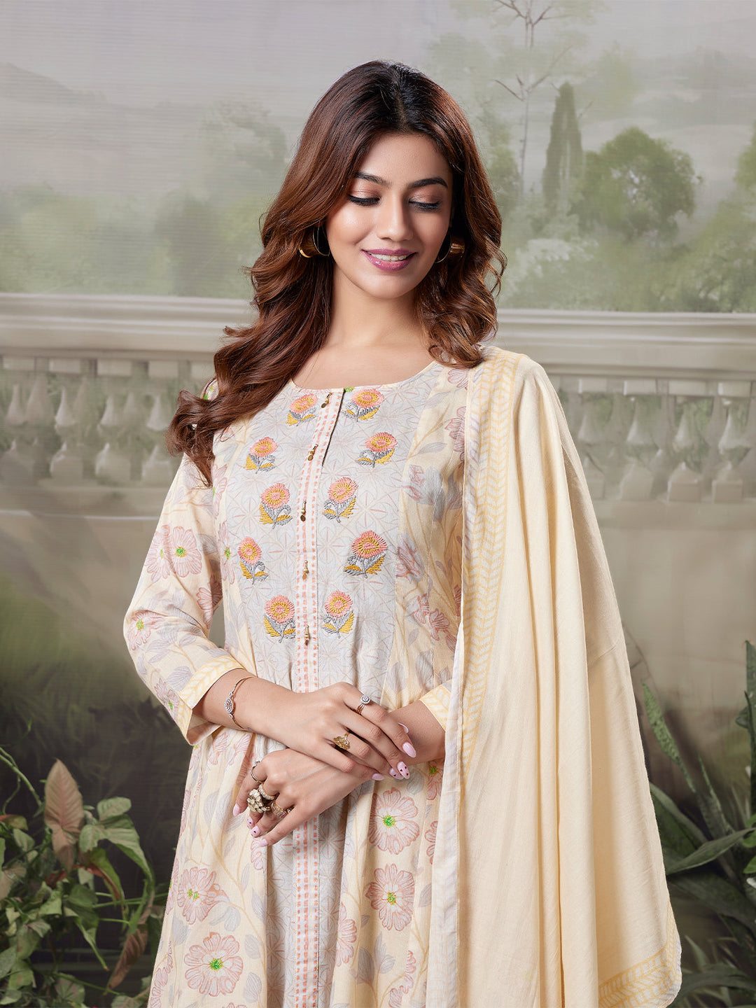 Soft Beige Floral Cotton Anarkali Set