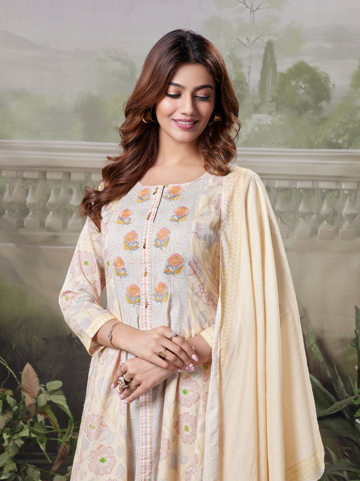 Soft Beige Floral Cotton Anarkali Set