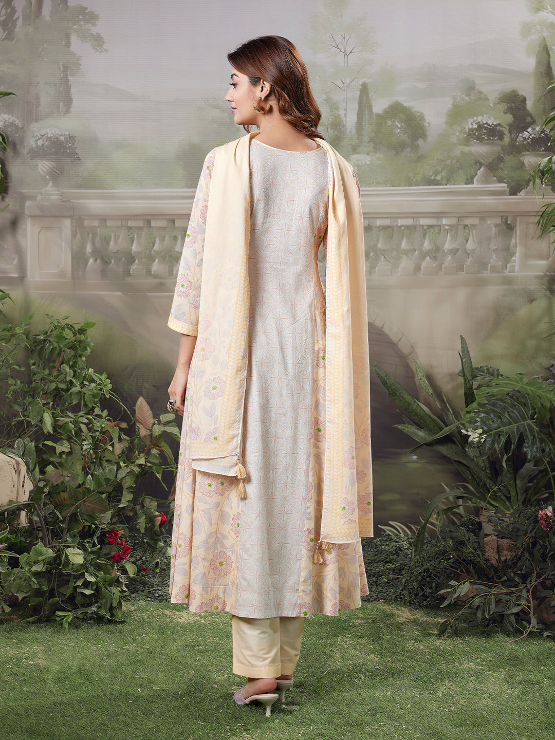 Soft Beige Floral Cotton Anarkali Set