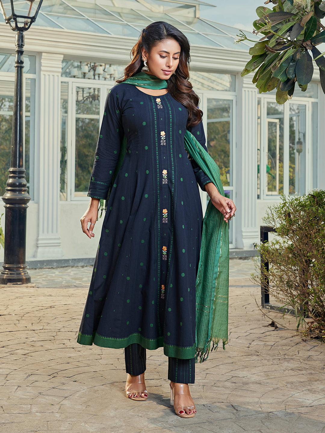 Navy Blue Woven Cotton Anarkali Set Dressline Fashion Navy Blue Woven Cotton Anarkali Set Dressline Fashion