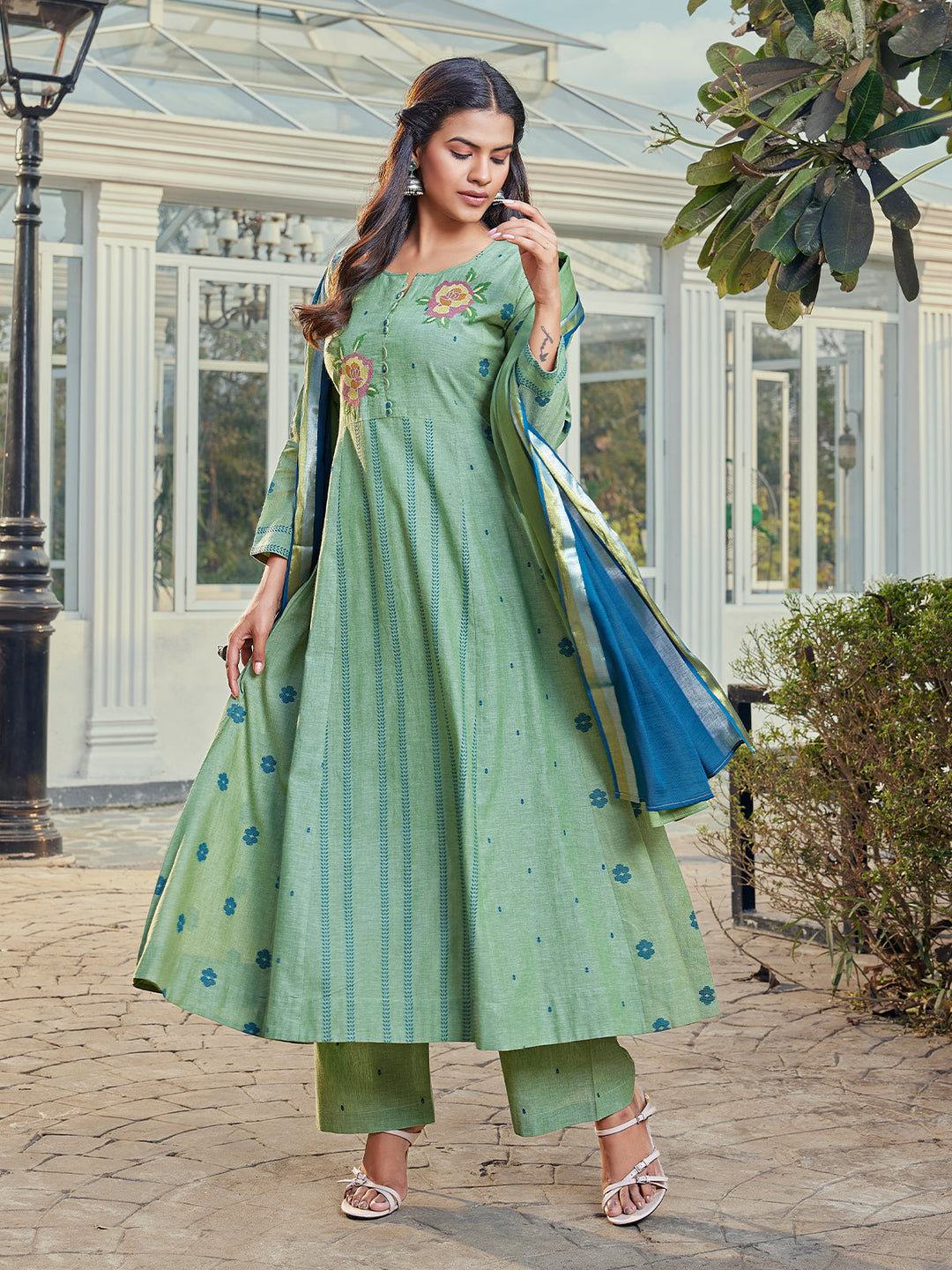 Light Green Cotton Woven Anarkali Set Dressline Fashion Light Green Cotton Woven Anarkali Set Dressline Fashion