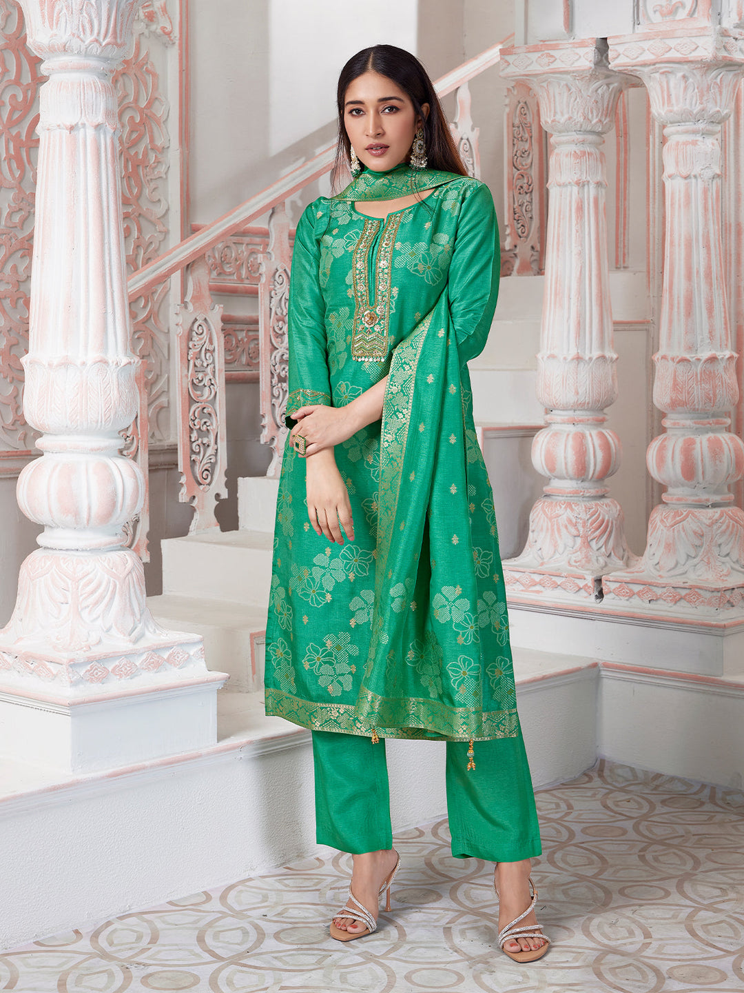 Green Jacquard Suit Set