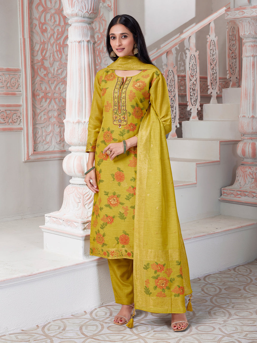 Yellow Floral Jacqaurd Suit Set