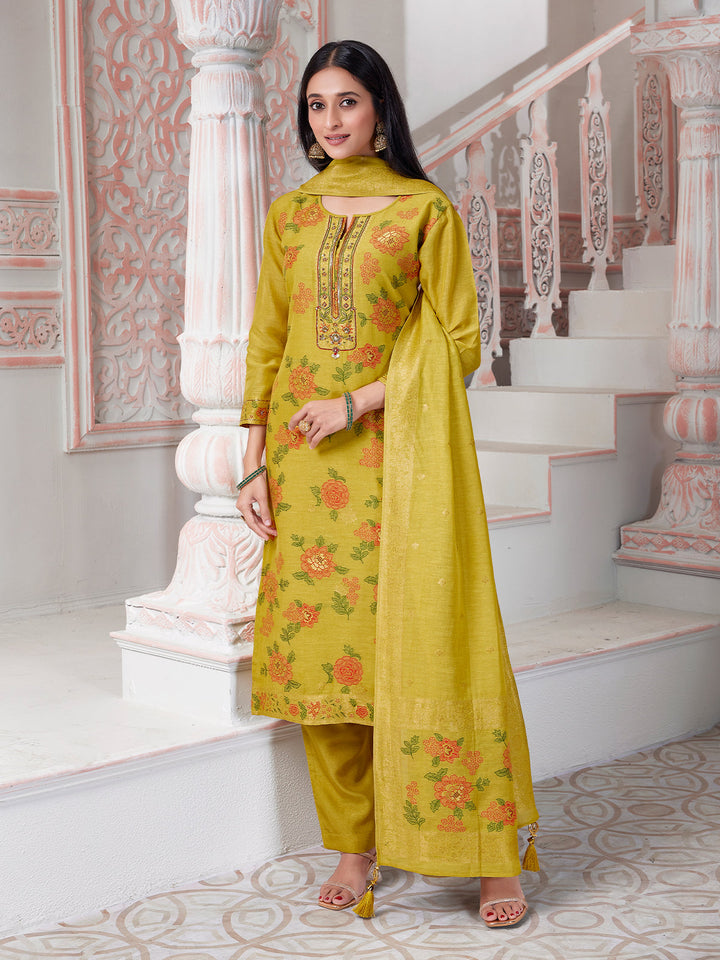 Yellow Floral Jacqaurd Suit Set