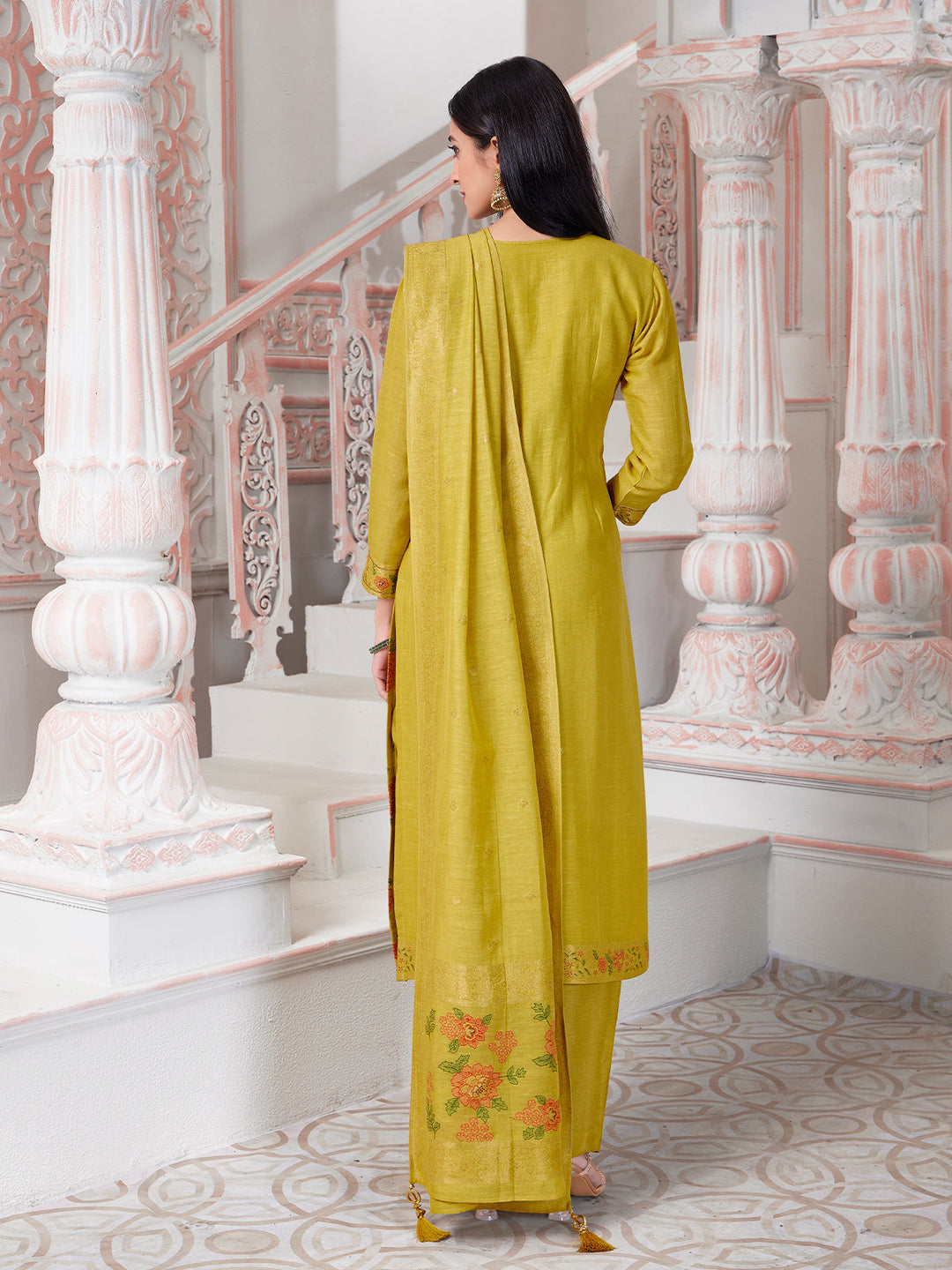 Yellow Floral Jacqaurd Suit Set