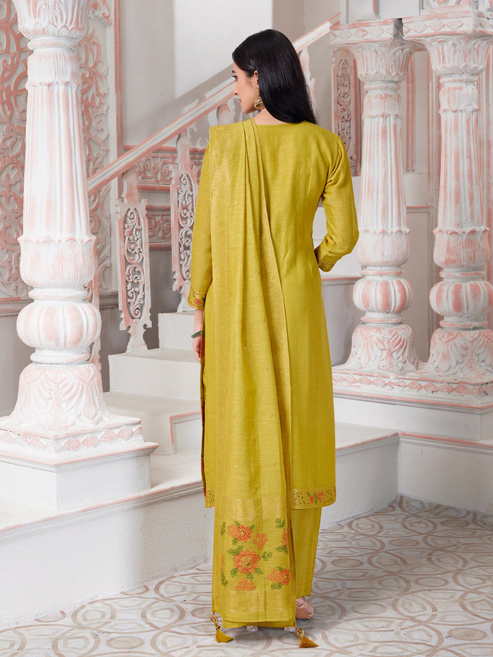 Yellow Floral Jacqaurd Suit Set