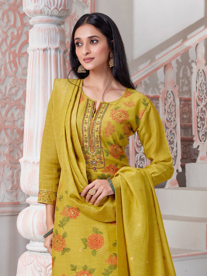 Yellow Floral Jacqaurd Suit Set