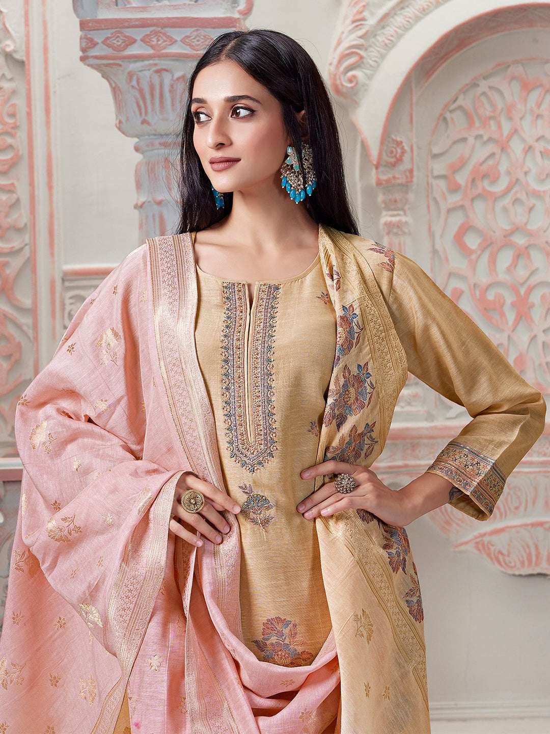 Beige Jacquard Suit Set