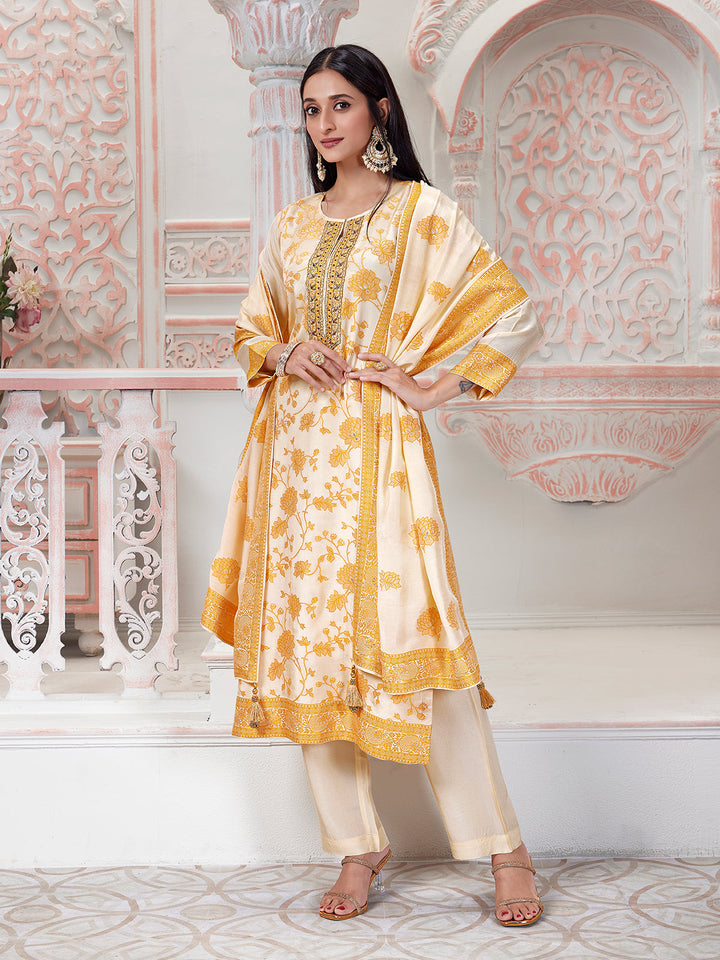 Cream Floral Jacquard Suit Set