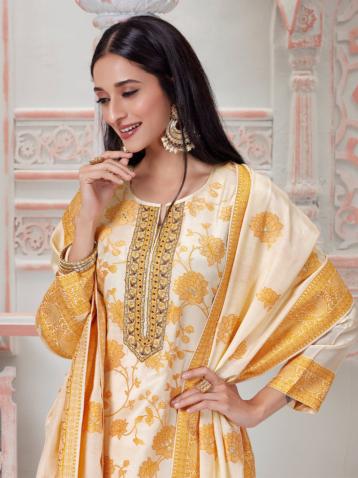 Cream Floral Jacquard Suit Set