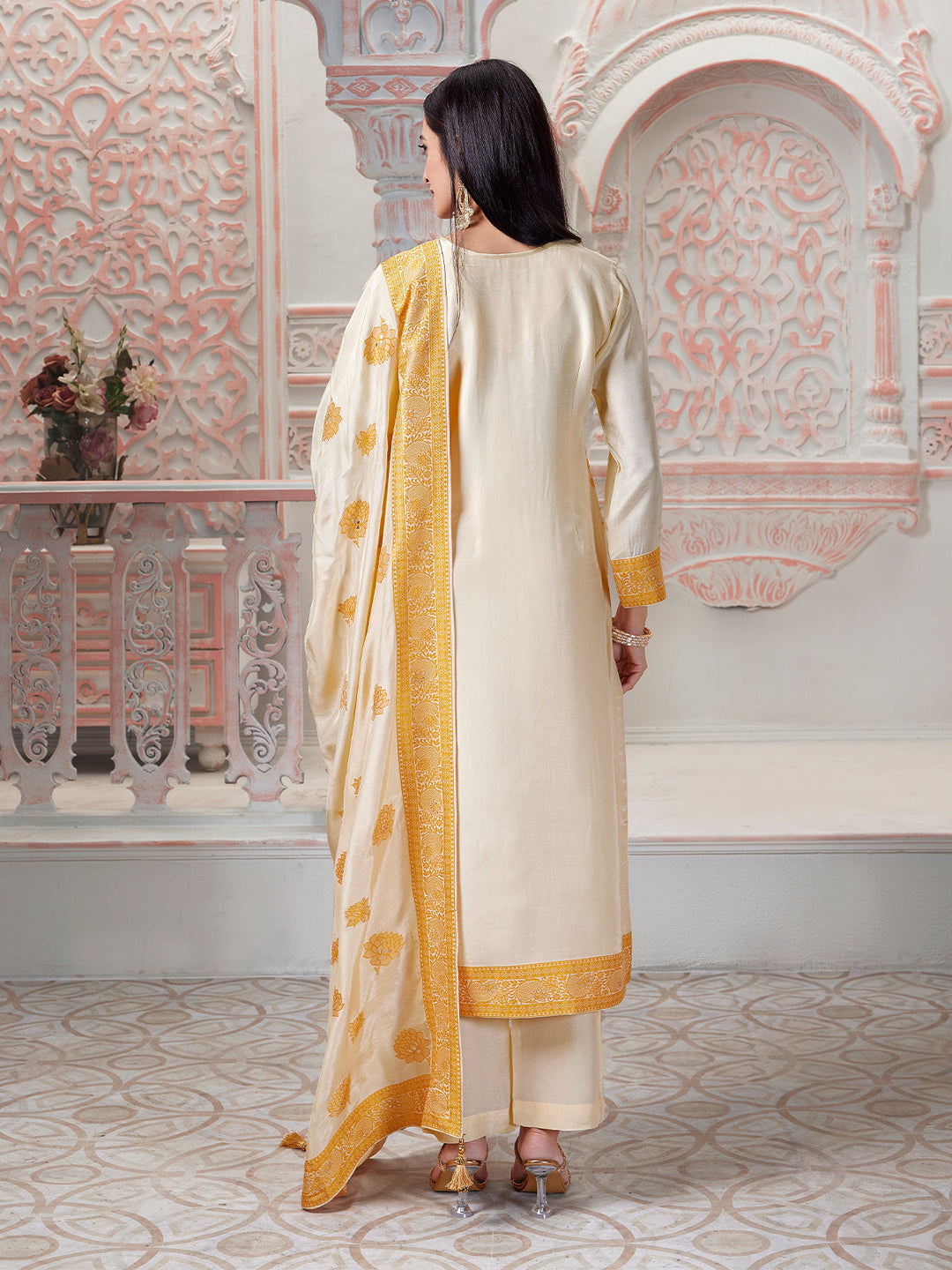 Cream Floral Jacquard Suit Set