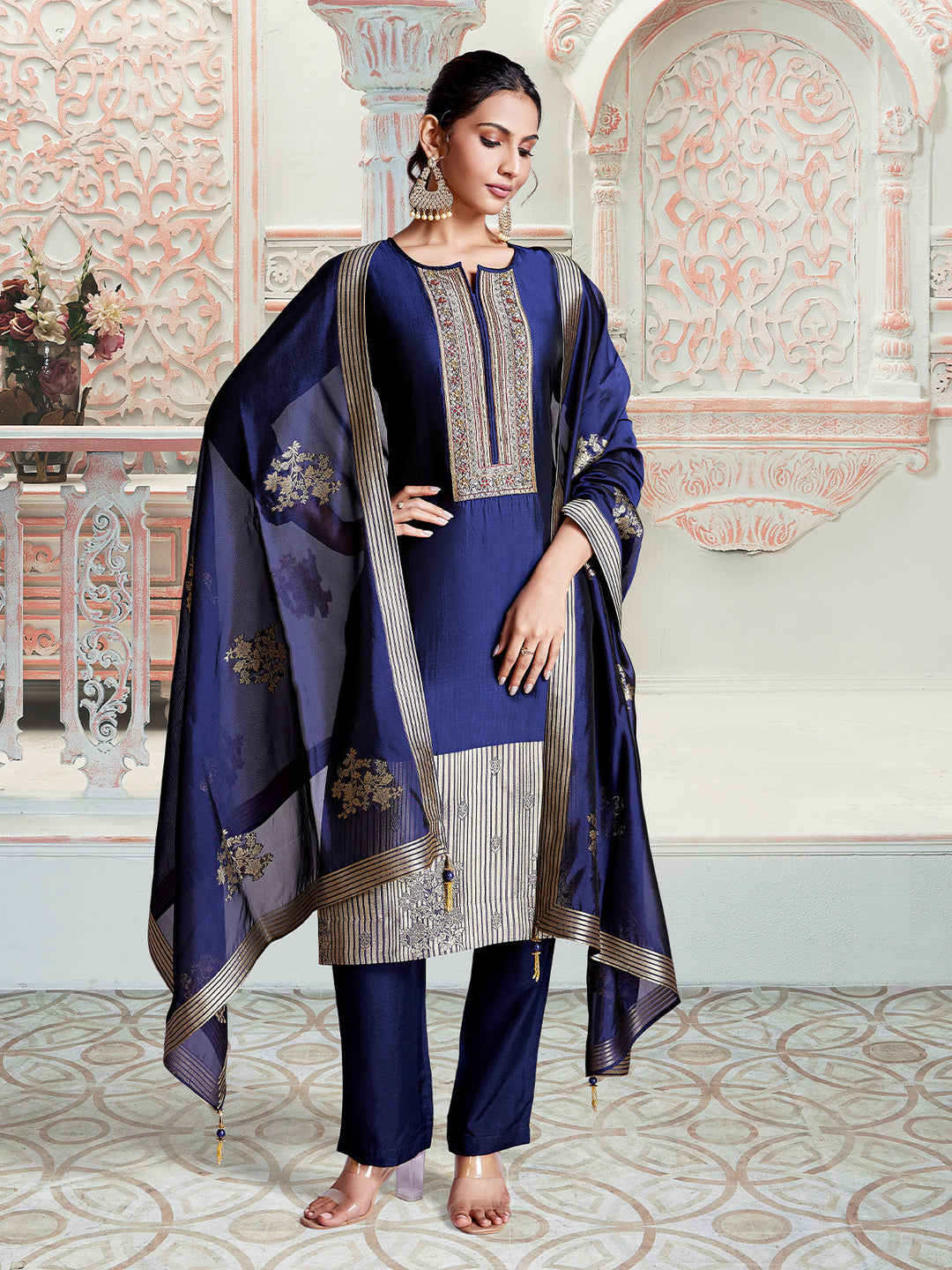 Royal Blue Jacquard Silk Suit Set