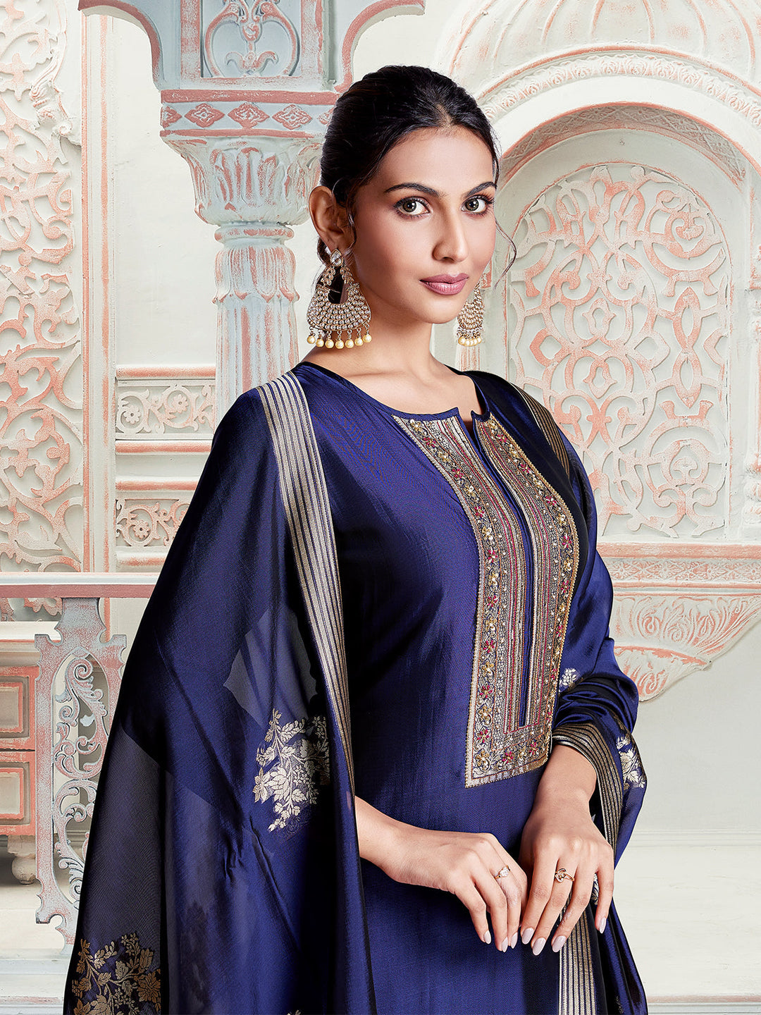 Royal Blue Jacquard Silk Suit Set