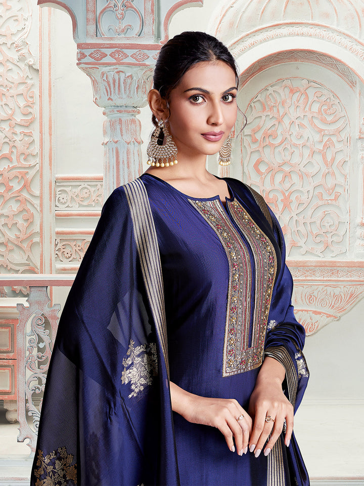 Royal Blue Jacquard Silk Suit Set