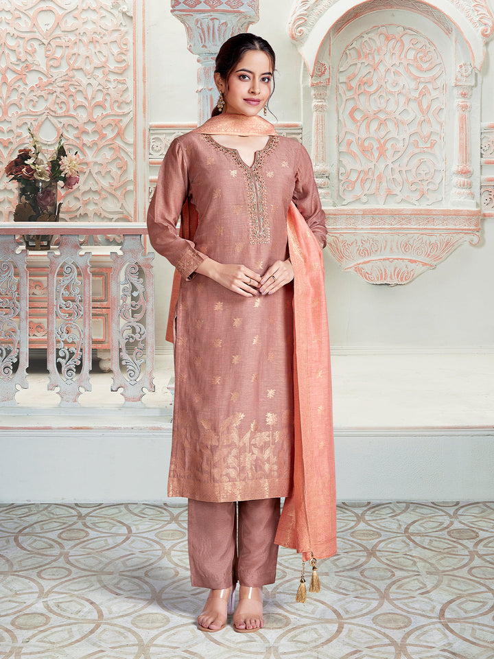 Muted Copper Jacquard Silk Suit Set