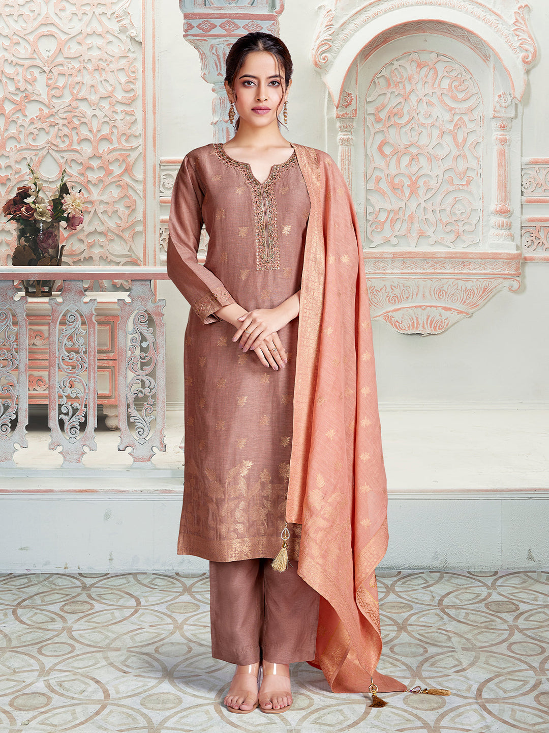 Muted Copper Jacquard Silk Suit Set