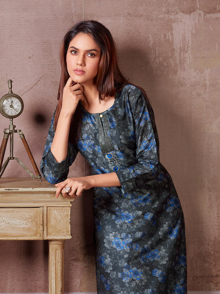 Charcoal Grey Floral Kurti