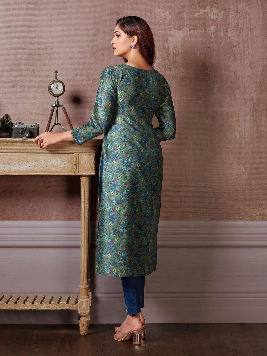 Metallic Green Floral Kurti