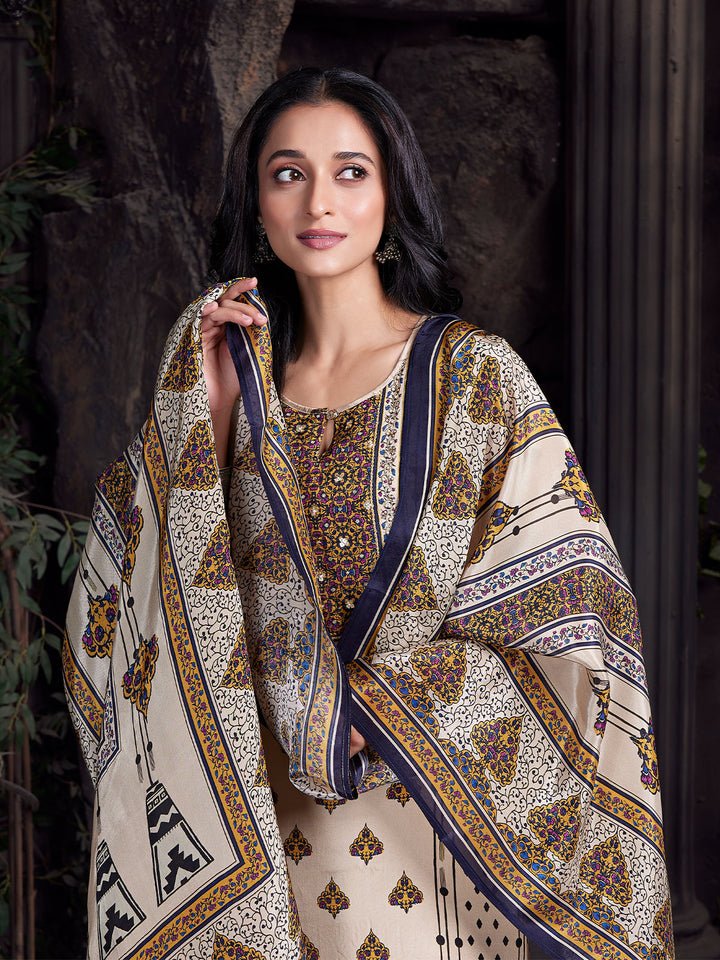 Ivory Floral Crepe Silk Suit Set