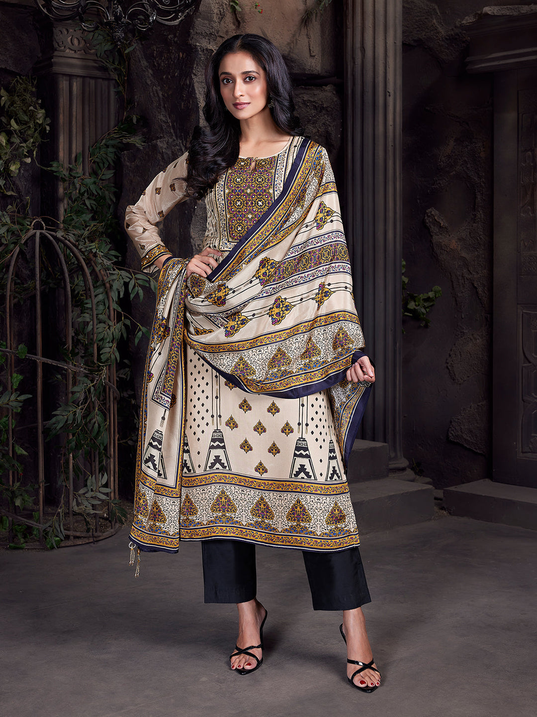 Ivory Floral Crepe Silk Suit Set