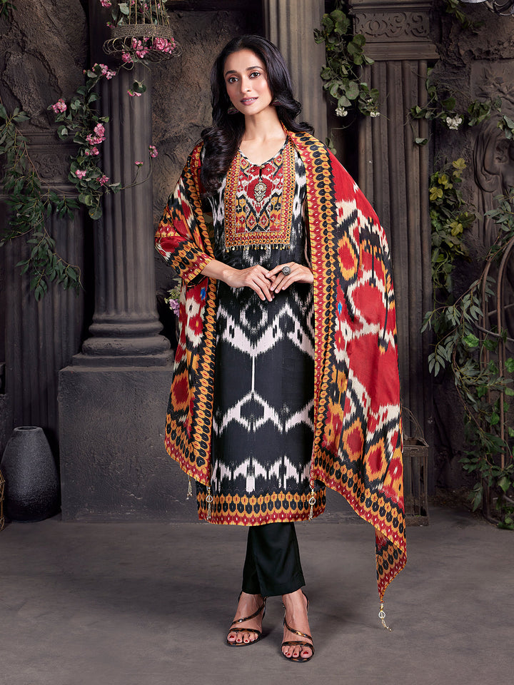 Monochrome Ikat Semi Silk Suit Set