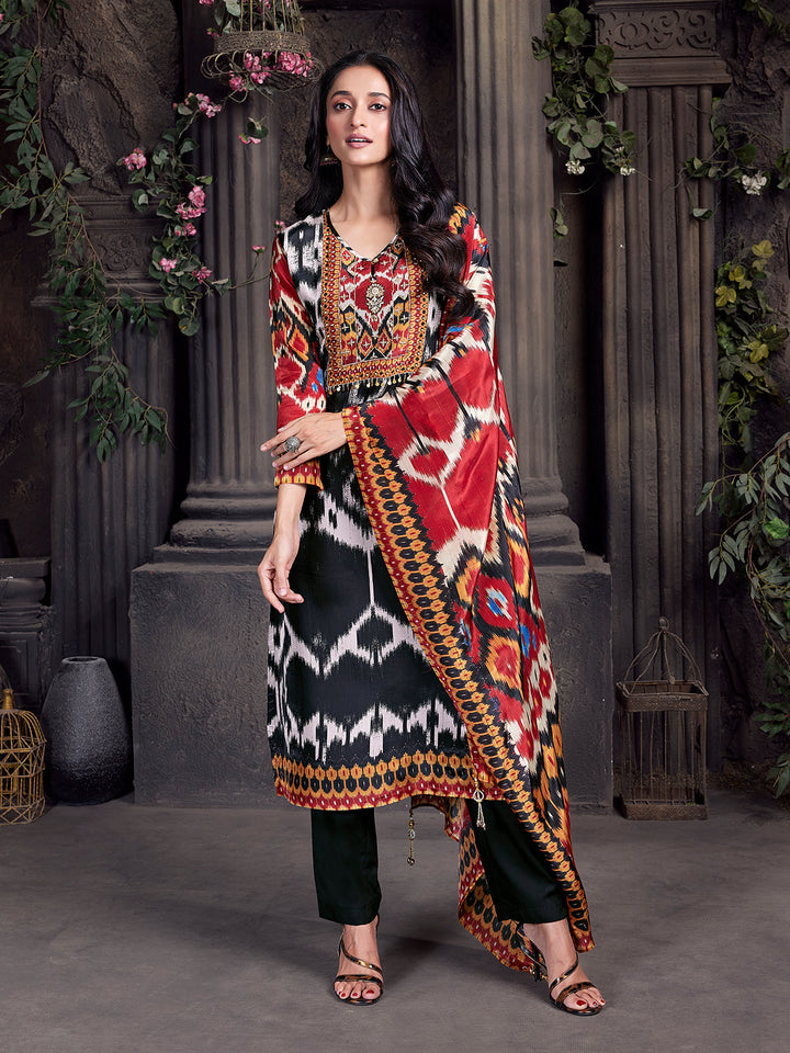 Monochrome Ikat Semi Silk Suit Set