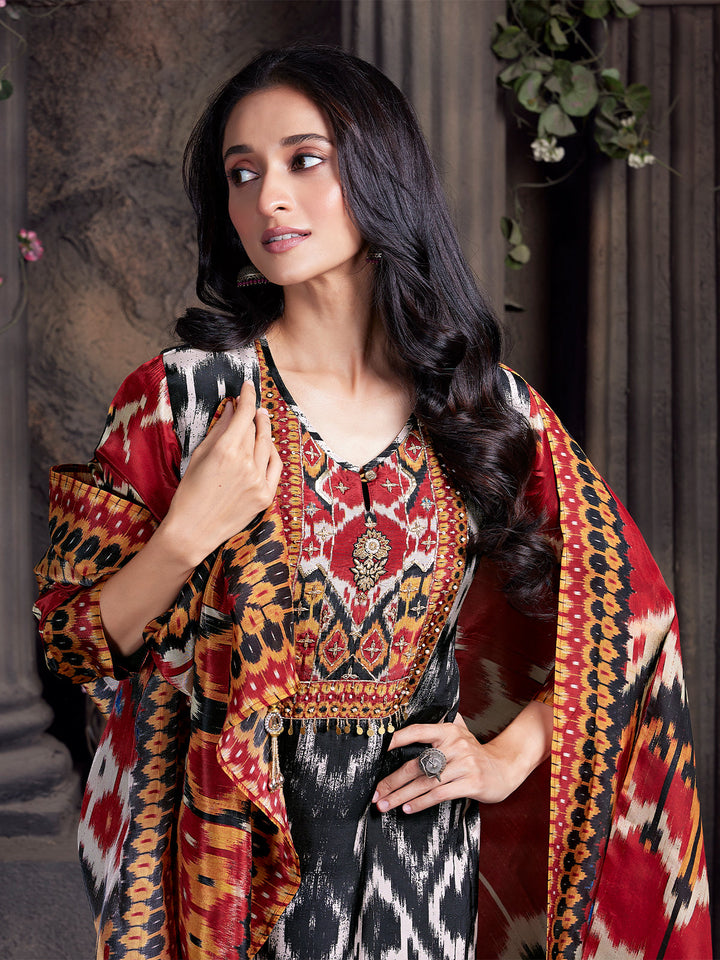 Monochrome Ikat Semi Silk Suit Set