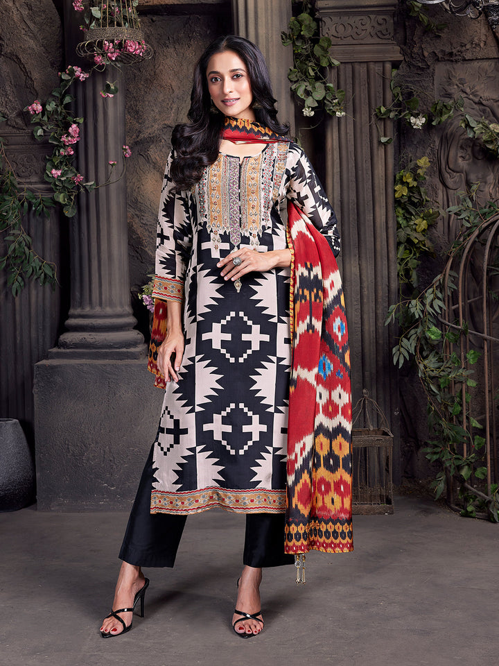 Geometric Monochrome Crepe Silk Suit Set