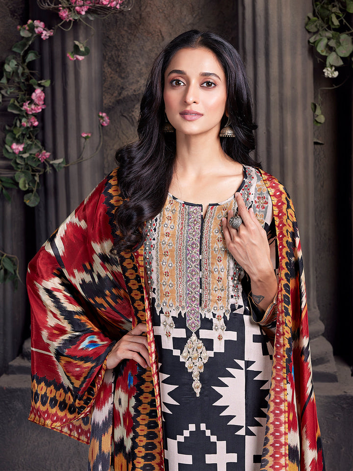 Geometric Monochrome Crepe Silk Suit Set