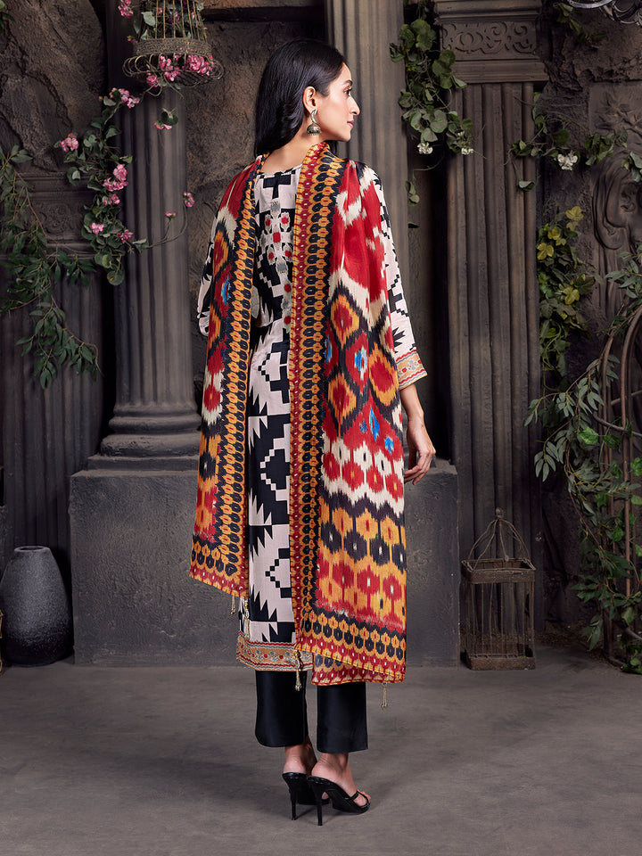 Geometric Monochrome Crepe Silk Suit Set