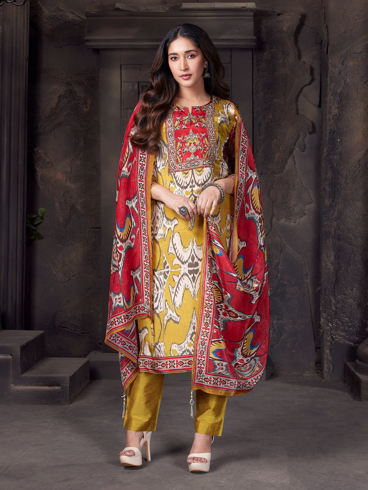 Yellow Ethnic Crepe Silk Suit Set