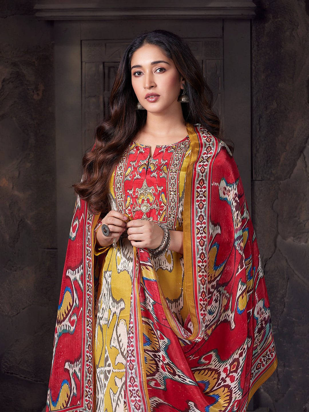 Yellow Ethnic Crepe Silk Suit Set