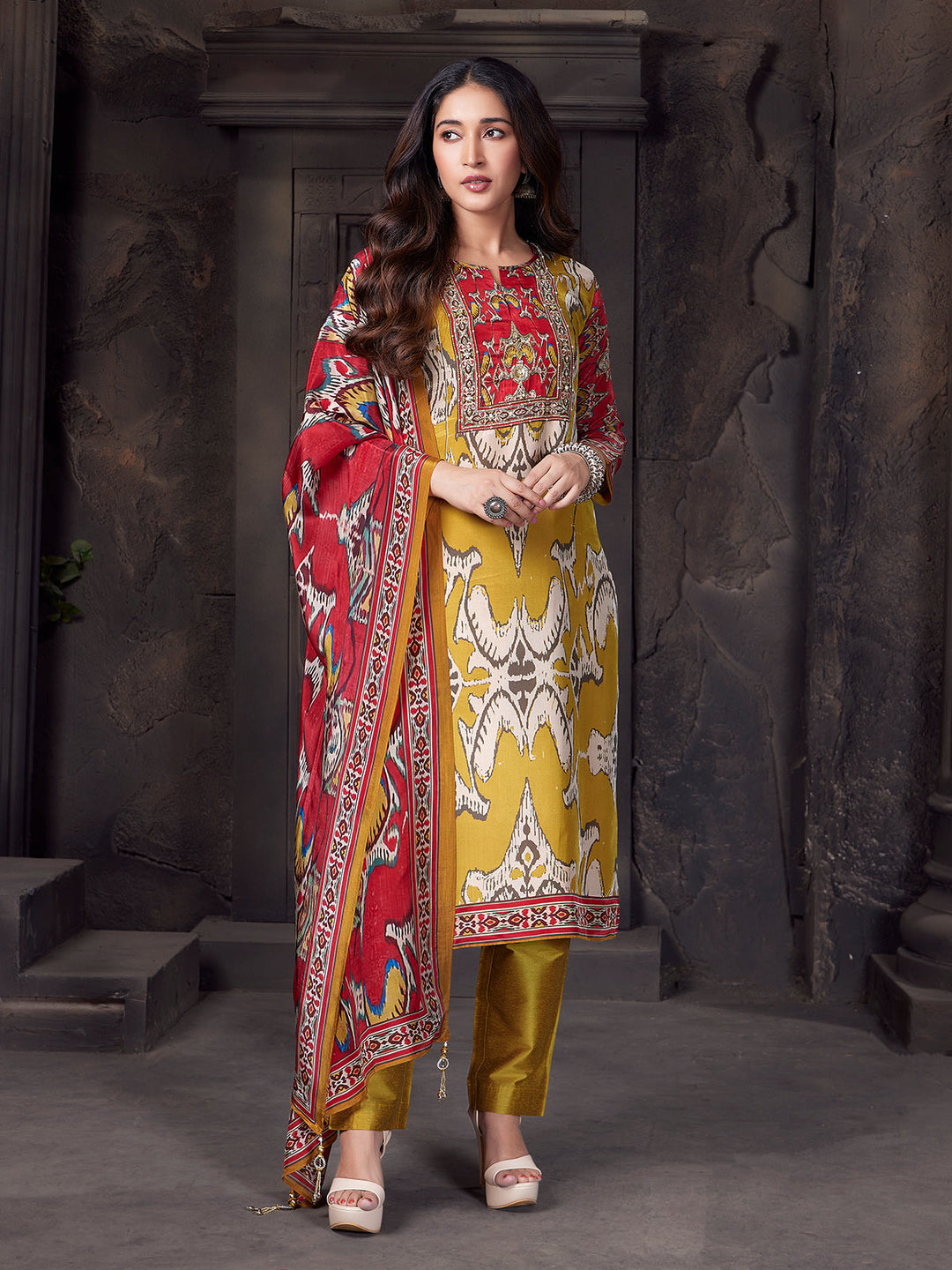 Yellow Ethnic Crepe Silk Suit Set