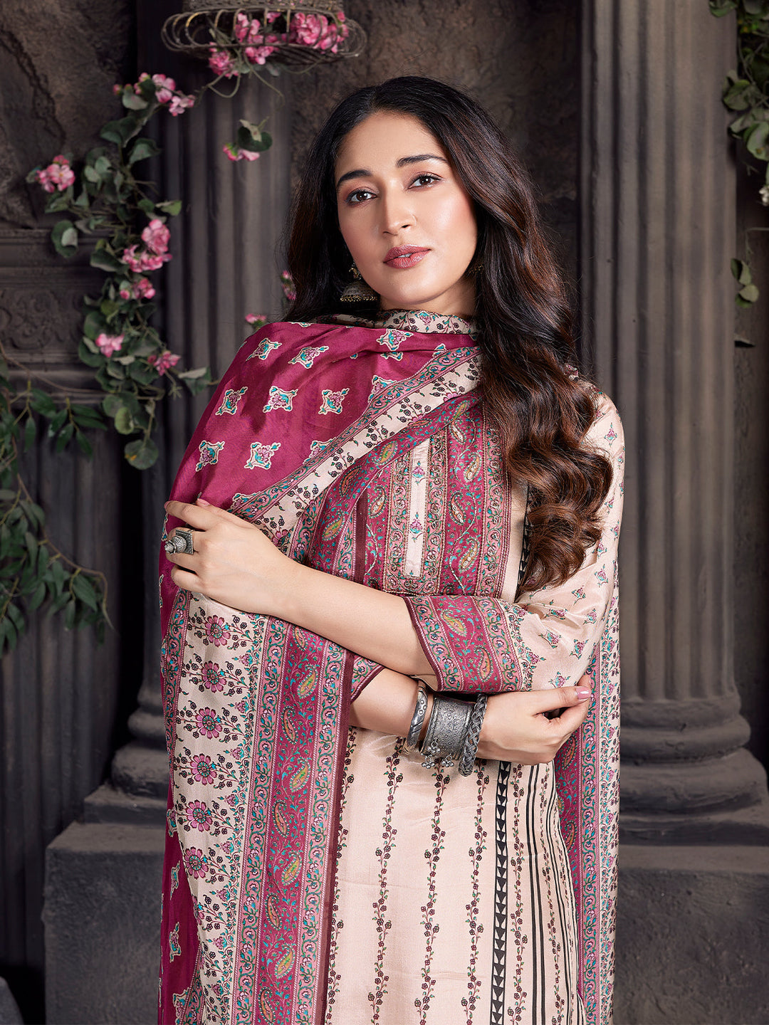 Magenta Ethnic Crepe Silk Suit Set