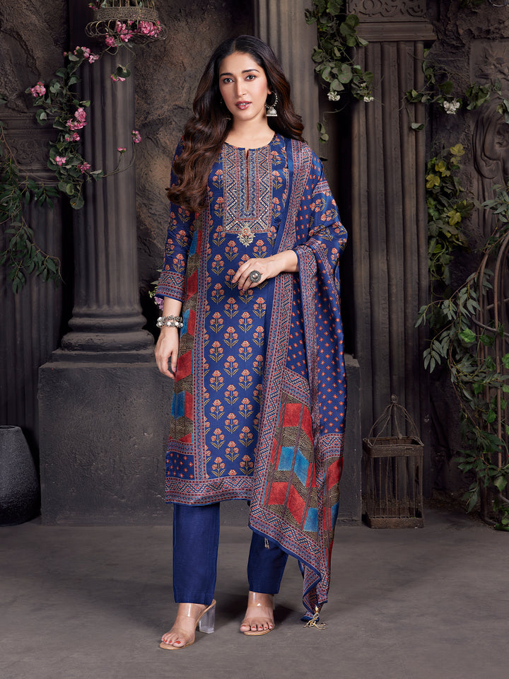 Blue Floral Crepe Silk Suit Set