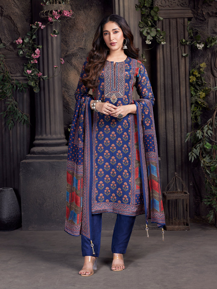 Blue Floral Crepe Silk Suit Set