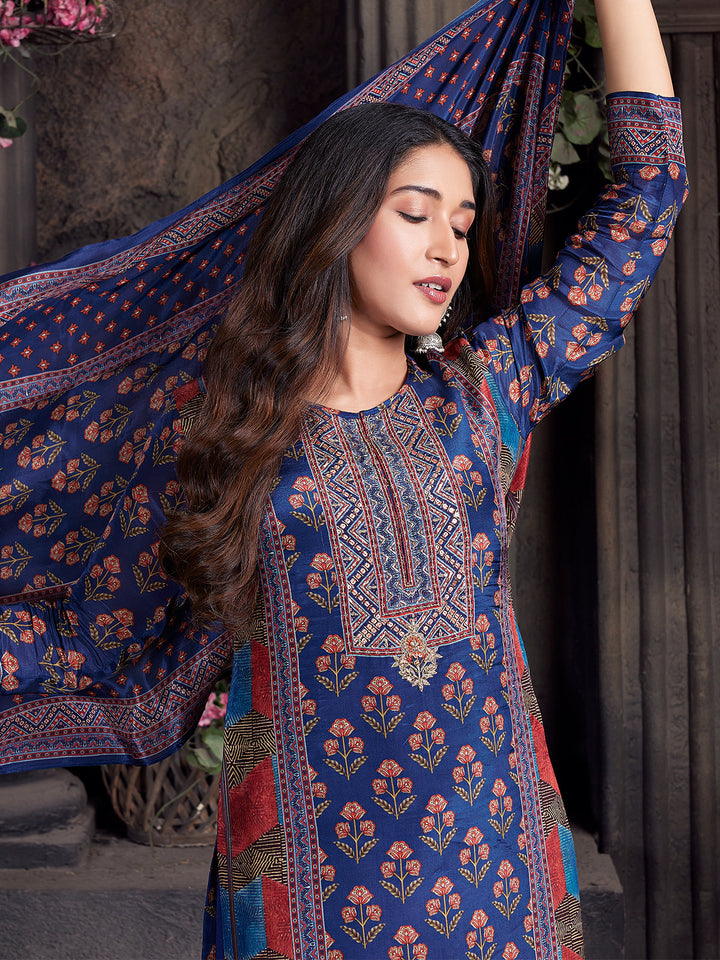 Blue Floral Crepe Silk Suit Set