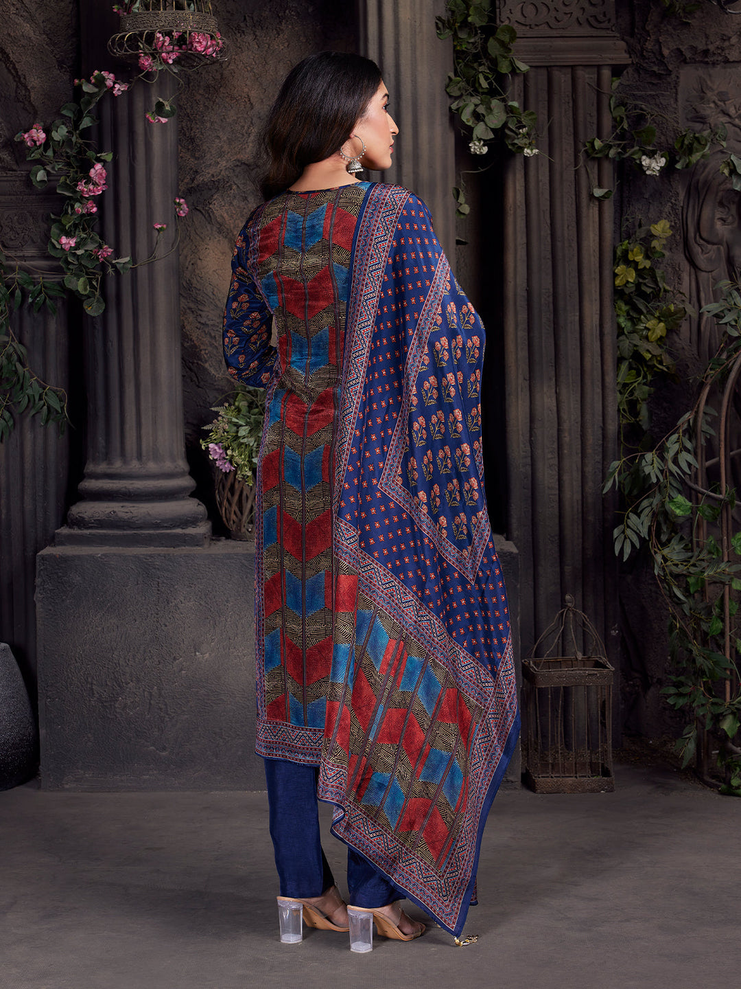 Blue Floral Crepe Silk Suit Set