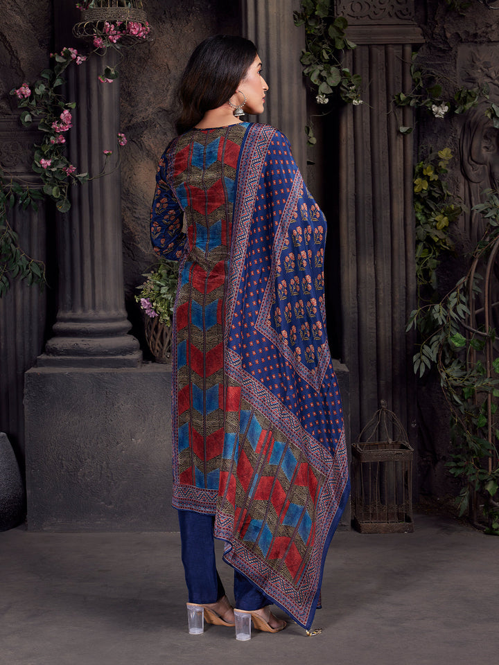 Blue Floral Crepe Silk Suit Set