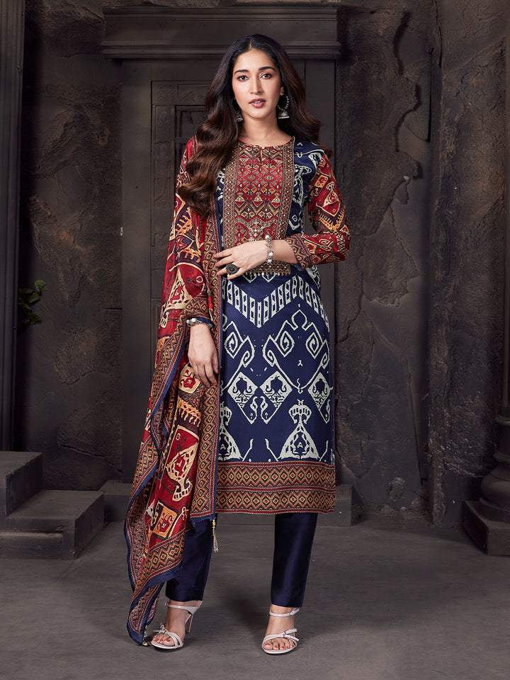Navy Geometric Crepe Silk Suit Set