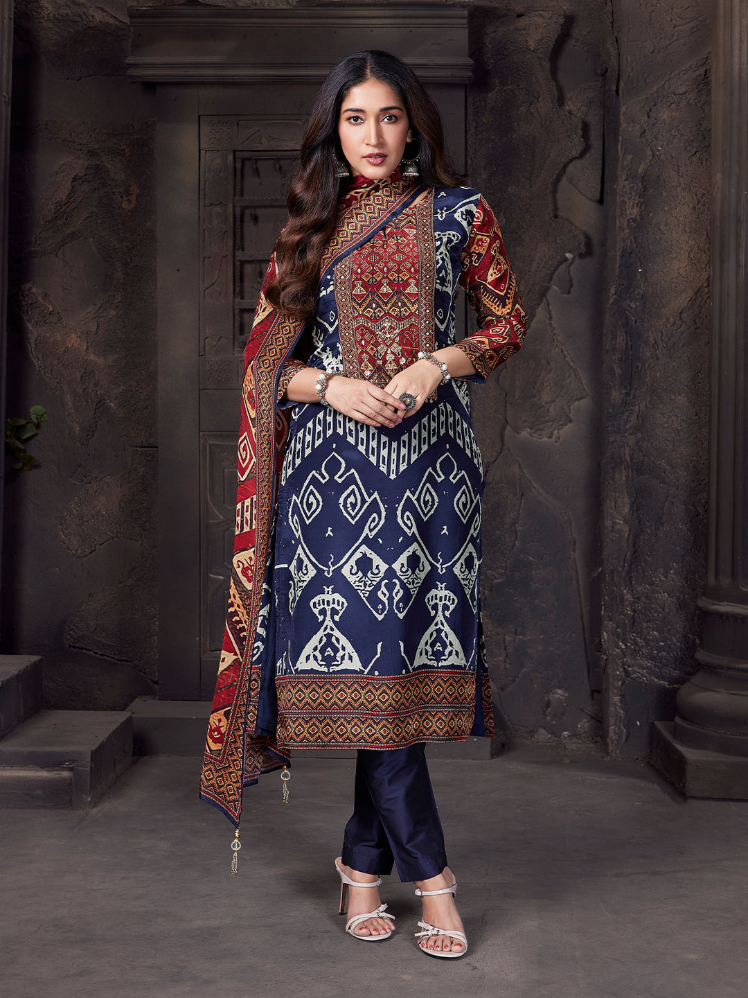 Navy Geometric Crepe Silk Suit Set